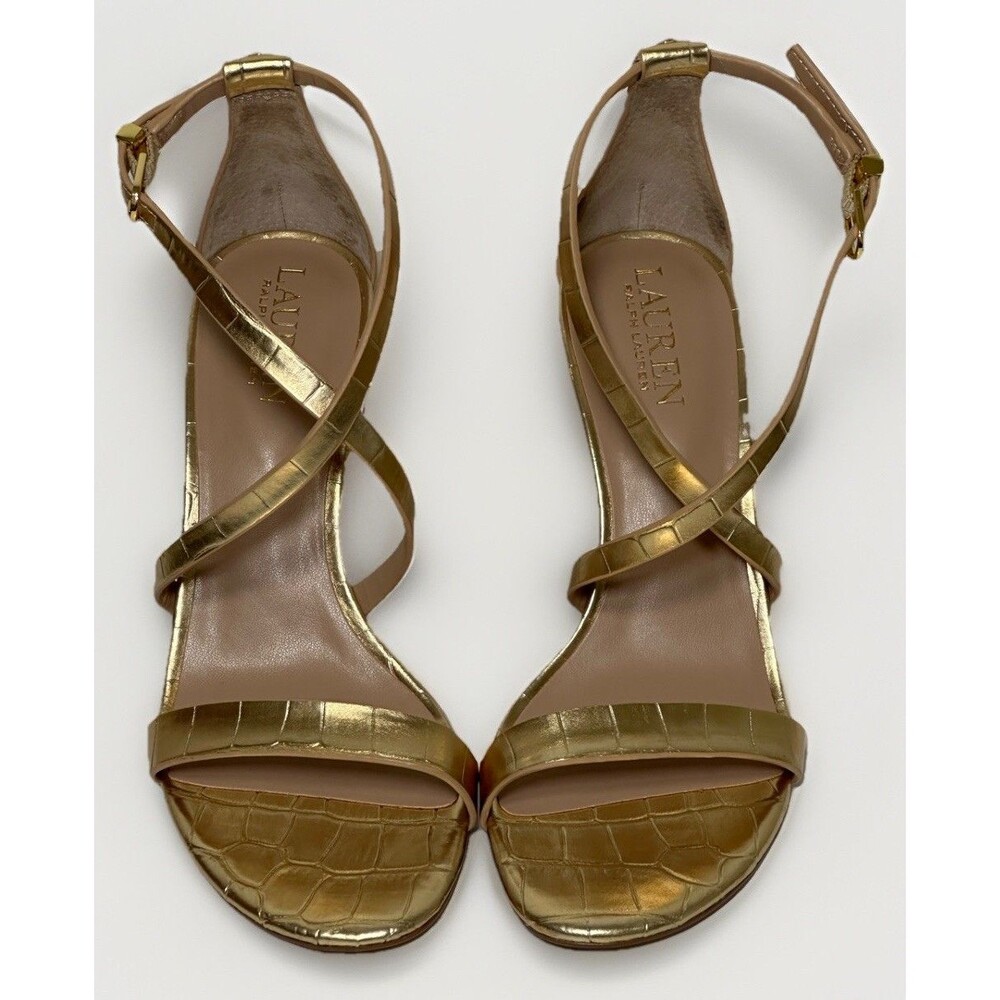 Lauren Ralph Lauren Gabriele embossed leather high-heel sandal gold metallic 7 B